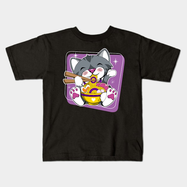 Cat Eating Ramen Intersex Pride Kids T-Shirt by CuddleswithCatsArt